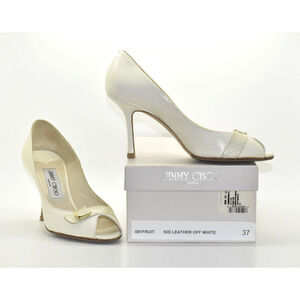 C0 Auth JIMMY CHOO Off White Kid Leather Buckle Strap Peep Toe Heels Pump Sz 37